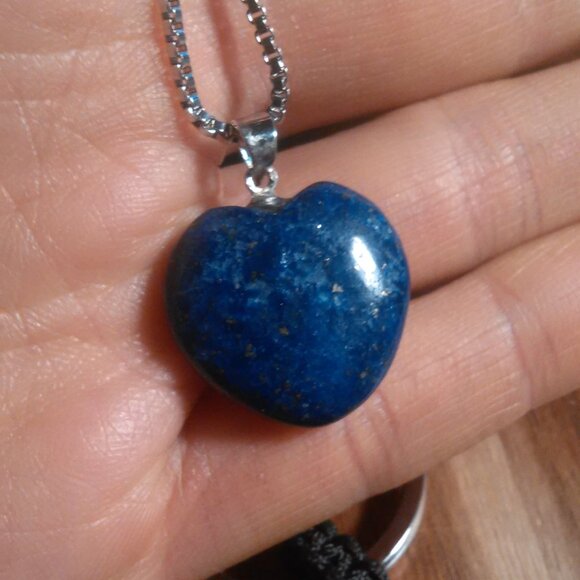 Lapis Lazuli Stainless Steel Heart Pendant Necklace and Sodalite Heart Keychain - Picture 8 of 10